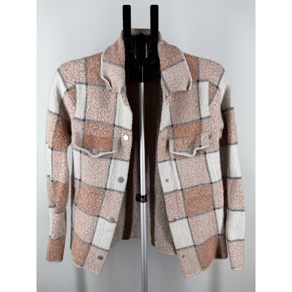 Rachel Zoe Women Tan‎ Plaid Knit Shacket Snap Front Jacket Size M